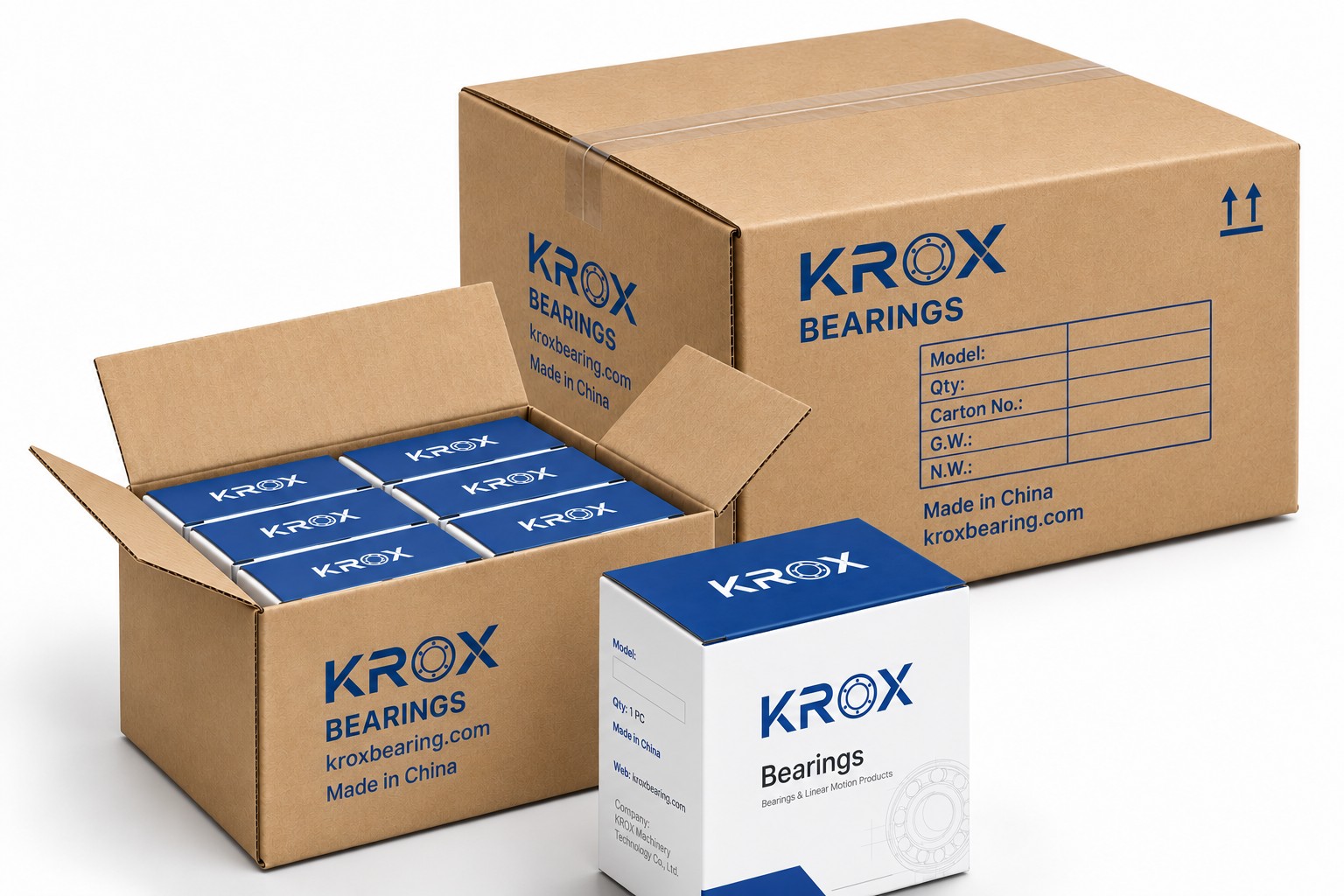 KROX bearing export packaging with individual boxes, inner carton and outer shipping carton