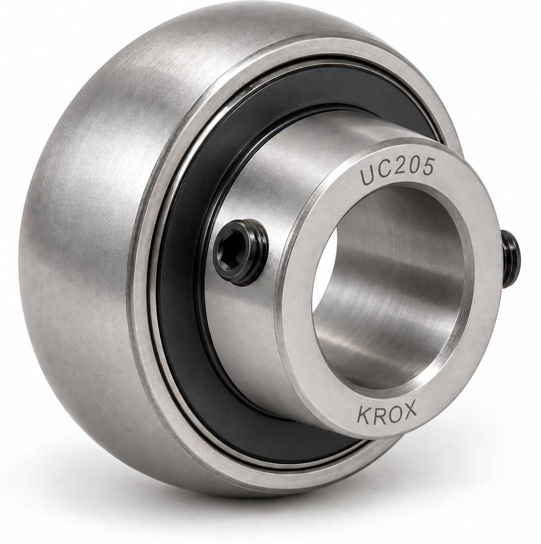 KROX UC205 insert bearing with spherical outer ring, extended inner ring and set screw locking
